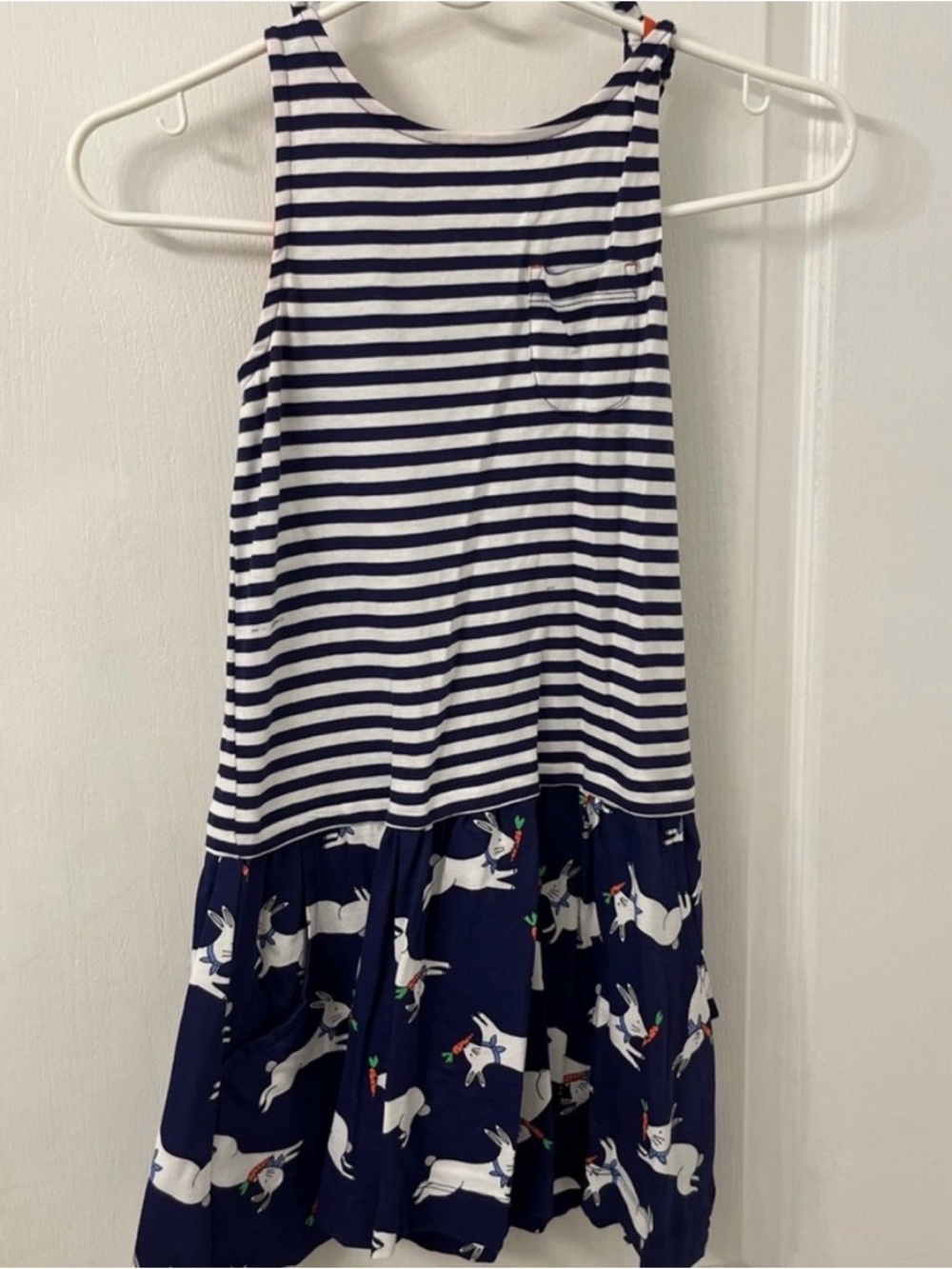 Mini Boden Navy White Stripe Rabbit Bunny Print Tank Dress Size 8-9Y